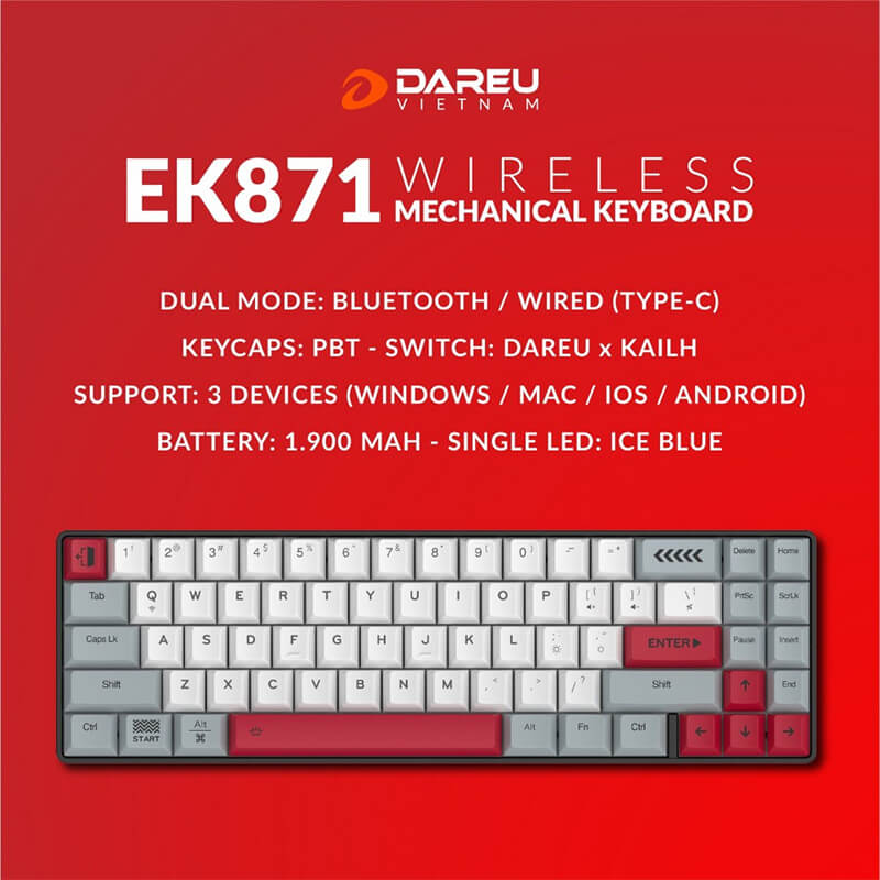 Bàn phím cơ không dây DAREU EK871 GREY-WHITE 71KEY