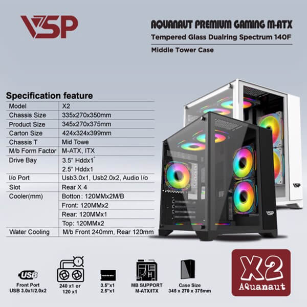 Case VSP X2 AQUANAUT PREMIUM GAMING M-ATX BLACK