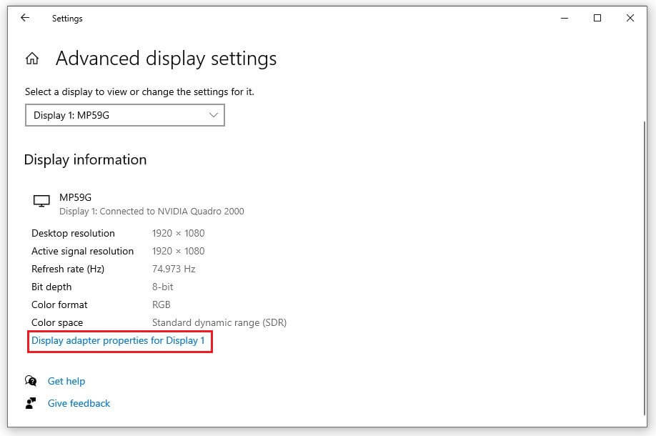 Chọn mục Display adapter properties display 1